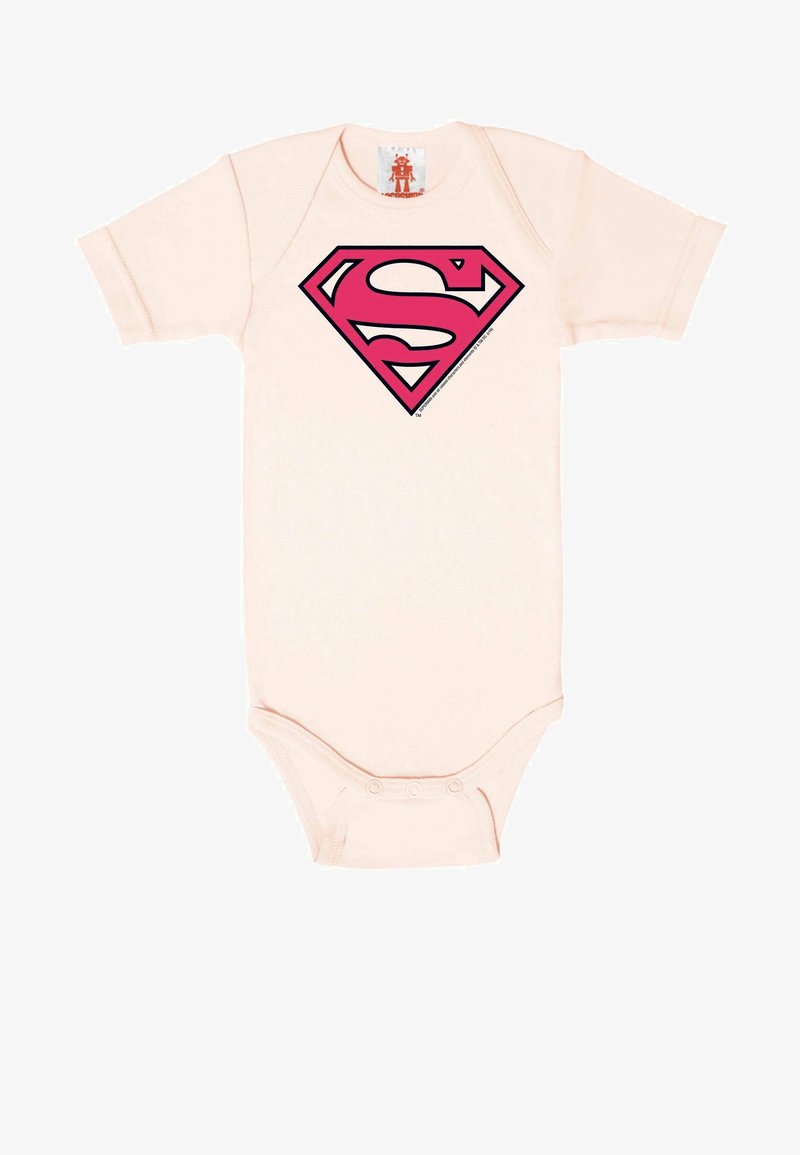 Light pink short-sleeve onesie made of soft fabric featuring a large black and pink Superman logo on the front. Snap closures at the bottom.