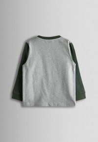 Hall kokku valgetest ja tumerohelistest kõrvutatud käistega hall puuvillane pika varrukaga särk, millel on ümmargune kaelus ja lihtne disain. Pehme tekstuur, ei mingit mustrit ega metallosi.