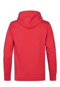 Hanorac roșu cu glugă, cu o textură netedă, buzunar tip cangur, manșete și tiv din tricot. Vederea din spate prezintă un design simplu, fără logo-uri.