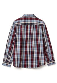 Camisa de cuadros de manga larga en rojo, azul y crema con cuello abotonado. Presenta dos puños abotonados y un detalle en el yugo trasero.
