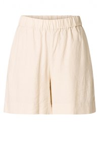 Lichtbeige shorts, gemaakt van textuurstof, met een elastische tailleband en zijzakken, met een losse pasvorm en een lengte tot halverwege de dij.