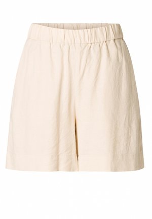 Lichtbeige shorts, gemaakt van textuurstof, met een elastische tailleband en zijzakken, met een losse pasvorm en een lengte tot halverwege de dij.