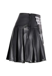 Gonna plissettata nera in ecopelle con vita alta, caratterizzata da una stampa grafica bianca e dettagli borchiati sull'orlo. Chiusura con zip sul retro.