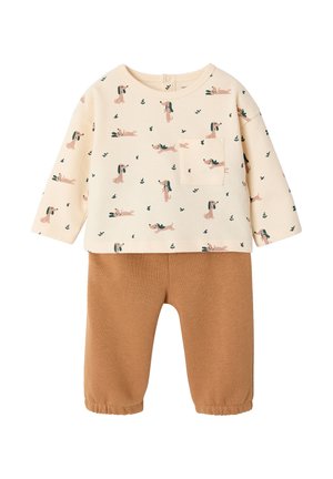 Cream long-sleeve baby top with small dog prints and matching brown pants with elastic cuffs, displayed on a white background.