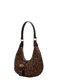 Bolso de hombro de piel de potro con estampado de leopardo en ante marrón, con detalle de cremallera dorada, acentos de cuero marrón y forma redondeada. Se incluye una correa ajustable.