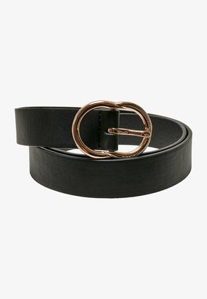 Cintura in pelle nera con una finitura liscia, caratterizzata da una fibbia rotonda color oro. Il cinturino è piatto e uniforme in larghezza.