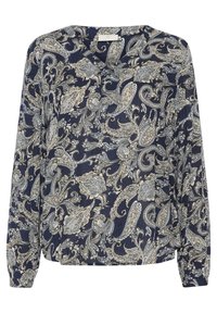 Blusa blu navy con motivo paisley in crema e azzurro chiaro, con scollatura a V e maniche lunghe. Realizzata in un tessuto leggero e testurizzato.