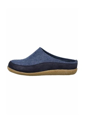 Navy blue felt slipper with a smooth suede upper, rounded toe, and a textured beige rubber sole. Sleek design without laces or fastenings.