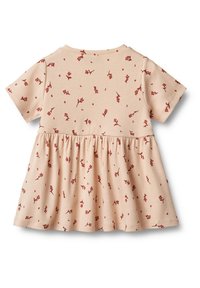 Rochiță bej pentru bebeluși cu mâneci scurte, talie strânsă și imprimeu mic floral roșu pe întregul material, văzută din spate.