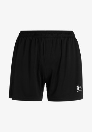 Black athletic shorts made of lightweight fabric, featuring an elastic waistband and a small white Under Armour logo on the lower left side.