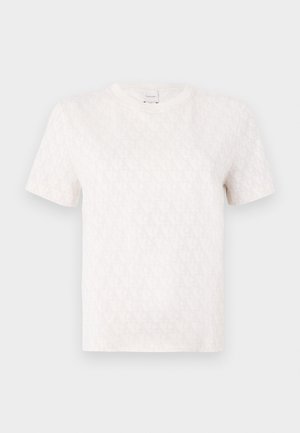 Korte mouwen, crèmekleurig T-shirt van katoen met een subtiel, overal monogrampatroon. Heeft een ronde halslijn en een ontspannen pasvorm.