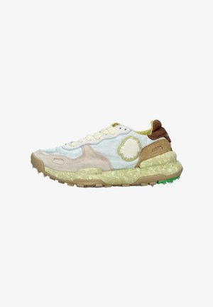 Sneaker featuring mixed materials in light blue, beige, and brown. Thick sole with textured green accents and a fluffy white emblem on the side.