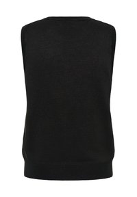 Gilet noir en tricot sans manches avec encolure arrondie et bord-côte, montré de dos sur fond blanc.