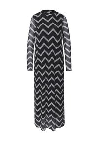 Maxi šaty s černošedým vzorem ve tvaru ševronu, s dlouhými rukávy, plisovanou texturou a kulatým výstřihem, vyrobené z lehké látky.