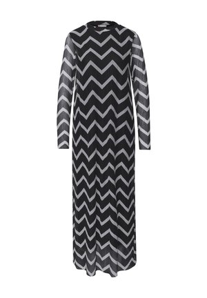 Musta-harmaa siksak-kuvioinen maximekko, pitkähiha, laskostetulla tekstuurilla ja pyöreällä pääntiellä, valmistettu kevyestä kankaasta.