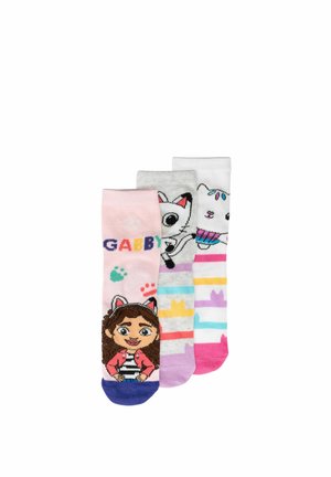 Three colorful children's socks featuring a girl character, a white cat, and pastel stripes with paw prints and the word "GABBY."