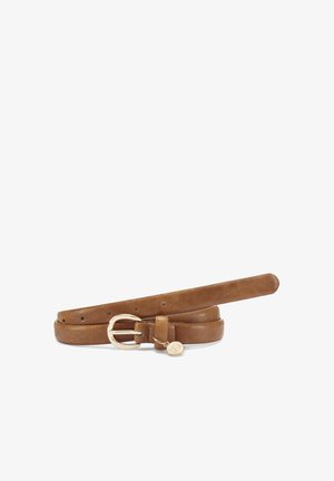 Brown leather belt with gold buckle and small round gold charm, coiled on a white background.