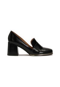 Black leather block-heeled shoes with a rounded toe and a band across the front. Features a smooth finish and gold-tone accent along the sole.