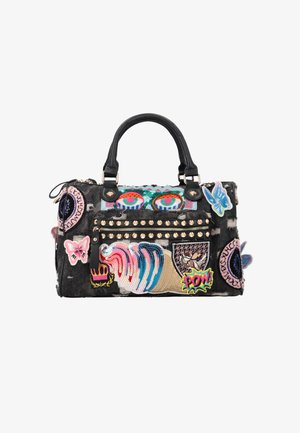 Geantă neagră cu mânere duble, decorată cu petice brodate colorate, paiete, ținte și fermoar la buzunarul frontal.
