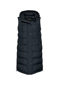 Veste longue matelassée noire sans manches avec capuche, boutons-pression à l'avant et cordons ajustables.
