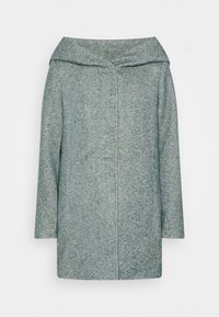 Un cappotto in misto lana grigio-verde con un ampio colletto, maniche lunghe e una silhouette dritta. Tessuto morbido con un motivo sottile.