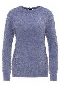 Ljuslila, långärmad tröja i mjukt, fluffigt material. Har en rund halsringning och ribbade mudd och nederkant. Innehåller en knut baktill.