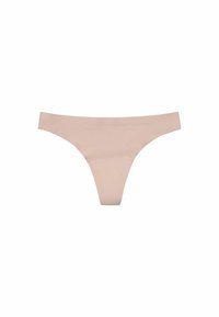 Culotte string nude avec un design sans coutures, fabriquée en matériau doux et extensible. Présente une coupe minimaliste et une ceinture élastique plate.