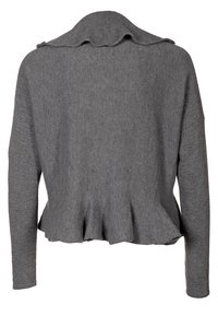 Šedý pletený kardigan s volánovým límcem a peplum spodním lemem. Dlouhé rukávy a měkká textura, s uvolněným, velkým střihem.