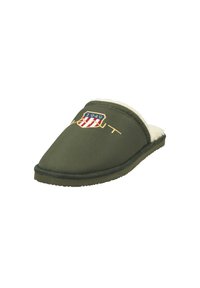 Olive green slipper with embroidered emblem, plush white lining, rounded toe, textured fabric upper, and flexible rubber sole.