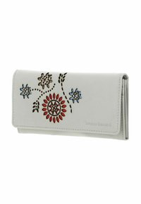 Portefeuille en cuir blanc avec un design floral découpé au laser en rouge, bleu et marron. Présente une surface texturée et des bords cousus. Logo à l'avant.