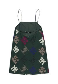 Vihreä, hihaton mekko, jossa on kukkakuosi purplella, valkoisella ja harmaalla. Kevyt kangas, jossa on säädettävät hihnat ja rento malli.