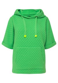 Felpa verde trapuntata con tasca frontale, maniche corte e cappuccio con cordino. Presenta accenti gialli sui cordini.