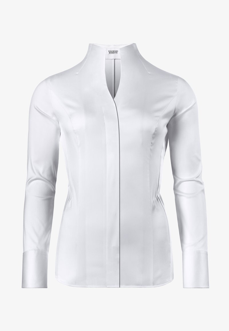 White long-sleeve blouse made of smooth fabric, featuring a high collar, front placket, and pleated details on the sides and sleeves.