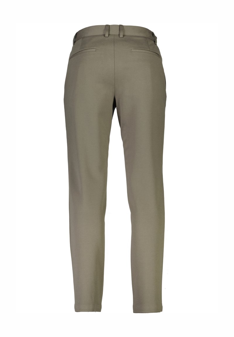 Trousers wąskie w kolorze oliwkowym, wykonane z tkaniny, z dwoma tylnymi kieszeniami i gładkim wykończeniem. Płaski pas z szlufkami na pasek.