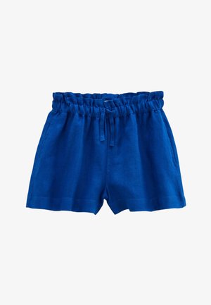 Shorts bleus décontractés avec ceinture élastique et cordon, avec poches latérales et coupe ample.