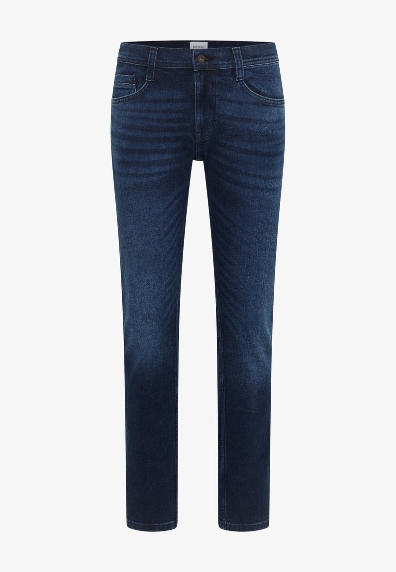 Sötétkék denim farmernadrág egyenes szabással, öt zsebes dizájnnal és finom függőleges textúrával. Elöl gombos záródással rendelkezik.