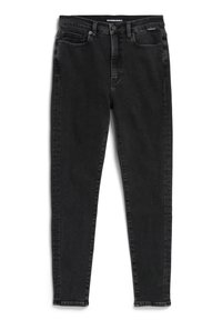 Jean skinny noir taille haute avec bouton à l'avant, fermeture éclair, design à cinq poches et étiquette de marque "ARMEDANGELS" sur la ceinture.