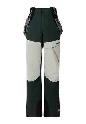 Child wearing orange long-sleeve top, dark green and light gray snow pants with black suspenders and dark knit beanie standing against plain background.