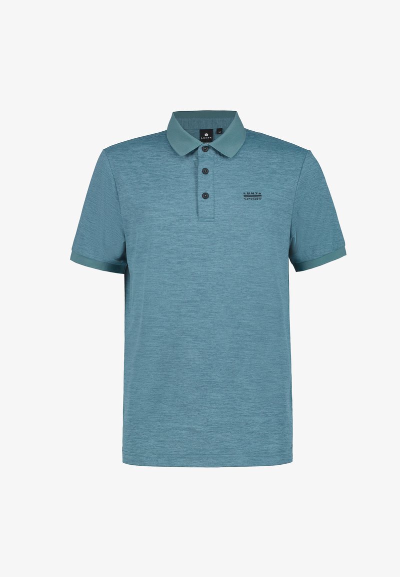 Lichtblauwe polo met een gestructureerde stof, voorzien van een kraag, drie knopen bij de hals en een geborduurd logo op de borst.