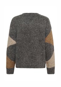 Gestrickter Pullover in Grau mit Rundhalsausschnitt und langen Ärmeln. Akzente in Hellbraun und Beige in geschwungenen Mustern an den Ärmeln.