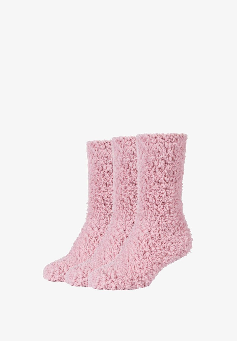Flauschige rosa Socken in drei Paaren angeordnet, aus einem weichen, strukturierten Material, in Knöchellänge und mit einem nahtlosen Zehendesign.