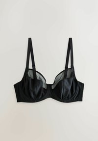 Fekete merevítővel ellátott melltartó áttetsző hálós panelekkel és állítható pántokkal, világos háttéren laposan elhelyezve.