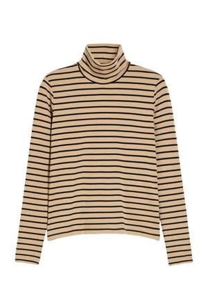 Maglione beige con collo a dolce vita e strisce orizzontali nere. Tessuto morbido, maniche lunghe, vestibilità rilassata e scollatura rotonda.