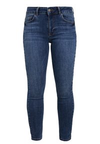 Högmidjade skinny jeans i mörkblå denim, med fem fickor, knäppning och en slät, texturerad yta.