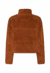 Jachetă de fleece călduroasă, buclată, de culoare maro, cu guler înalt, mâneci lungi și un design scurt. Prezintă o pată rectangulară pe partea superioară a spatelui.