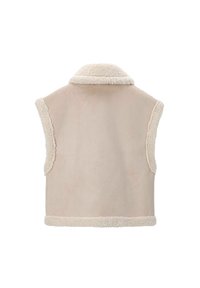 Gilet sans manches beige avec un doux bord en shearling autour des emmanchures, du col et de l'ourlet, présenté de dos sur fond blanc.