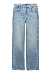 Vaqueros de pierna ancha azul claro con bolsillos frontales, trabillas para cinturón, cierre de botón y detalles de desvanecimiento sutil.