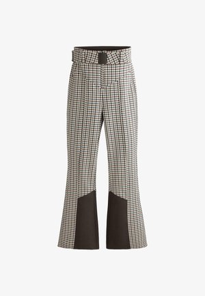 Pantaloni a vita alta con un motivo a scacchi in bianco, nero e marrone chiaro. Presentano dettagli in tessuto marrone nei bordi svasati e una cintura.