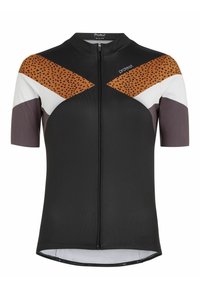 Maglietta da ciclismo a maniche corte in nero, caratterizzata da un design testurizzato con accenti arancioni, bianchi e marroni. Include una zip frontale per la chiusura.