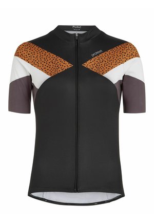 Korte mouwen fietsshirt in het zwart, voorzien van een gestructureerd ontwerp met oranje, wit en bruin accenten. Inclusief een rits aan de voorkant voor sluiting.